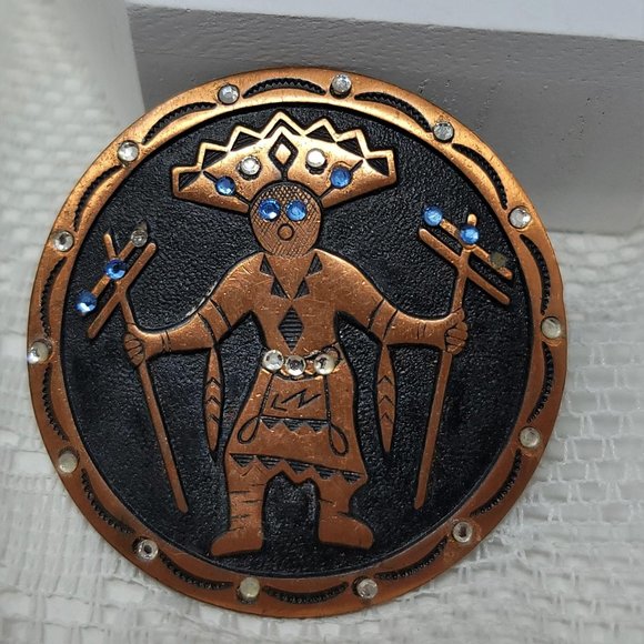 Copper Indian Fancy Dancer Pin Brooch Rhinestones - Picture 6 of 7